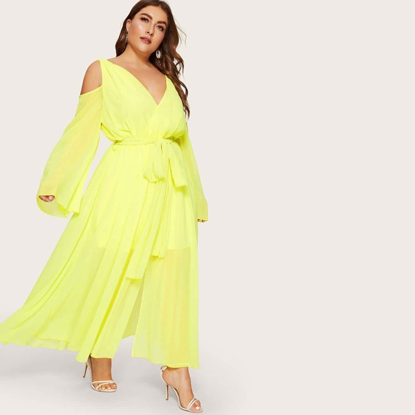 

Plus Cold Shoulder Surplice Front Belted Neon Yellow Dress, Yellow bright