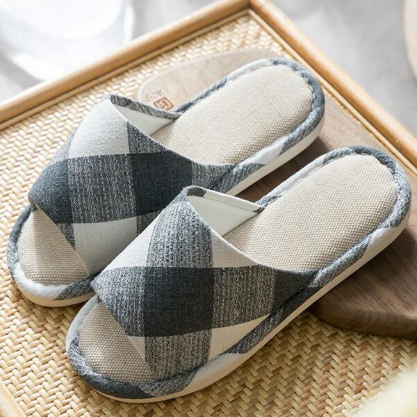 

Men Open Toe Geometric Pattern Slippers, Black and white
