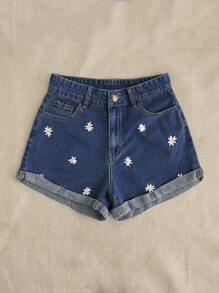 Breezaya Azul Botão Floral ocasional Short Jeans