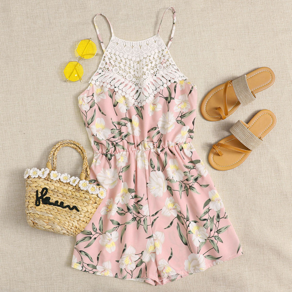 

Contrast Lace Floral Cami Romper, Pink