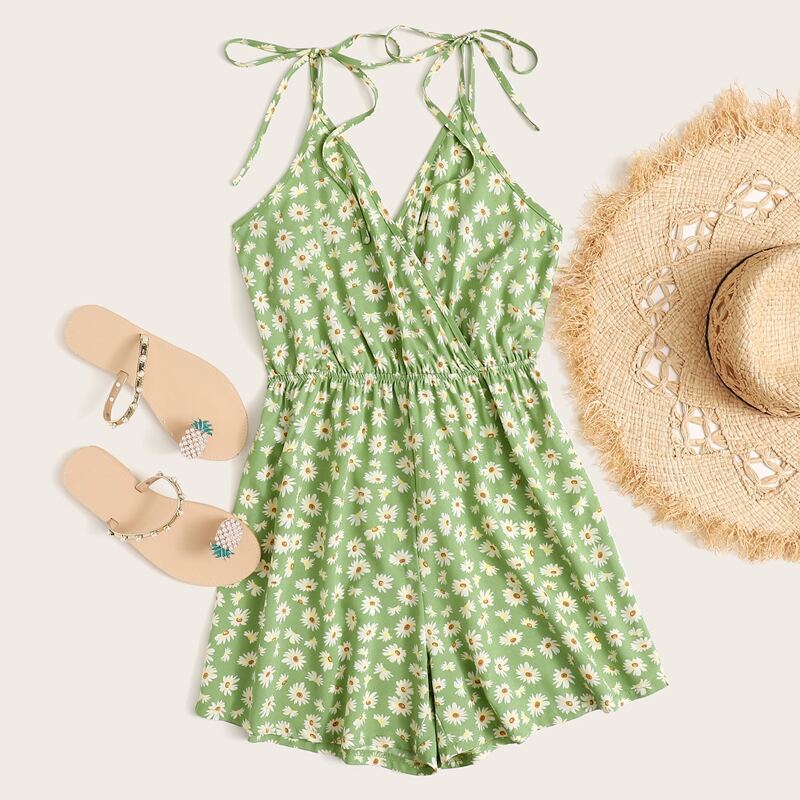 

Allover Floral Tie Shoulder Cami Romper, Green
