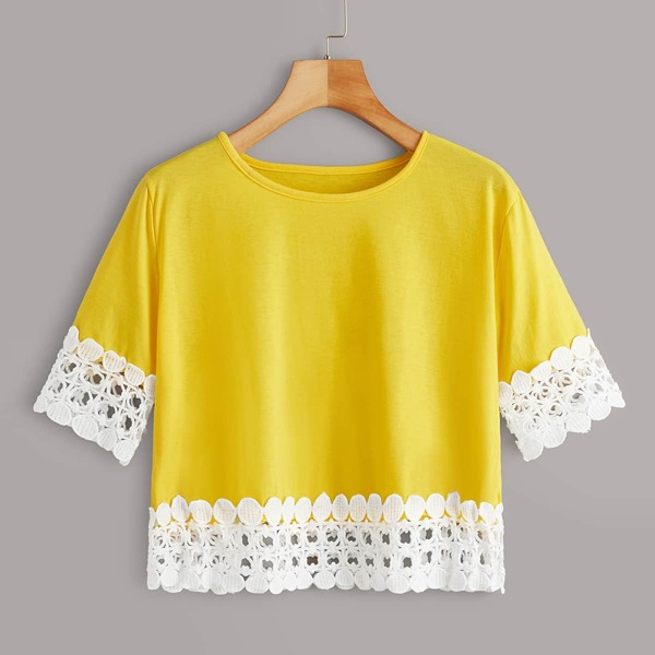 

Contrast Guipure Lace Crop Tee, Yellow