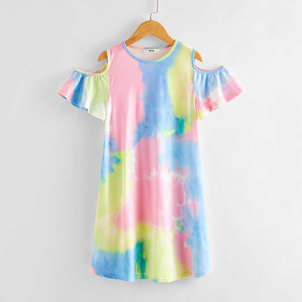 

Girls Cold Shoulder Flutter Sleeve Tie Dye Dress, Multicolor