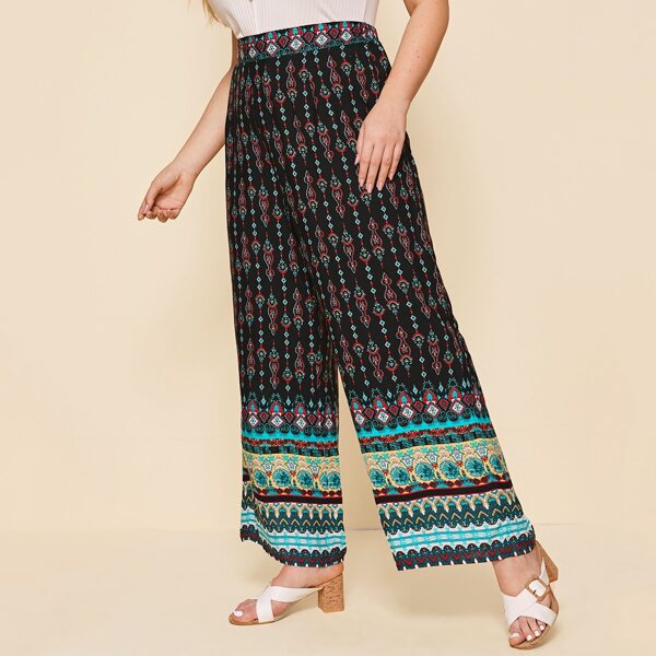 

Plus Wide Leg Tribal Print Pants, Multicolor