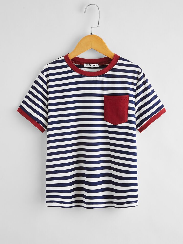 SHEIN Tween Boy Pocket Patched Striped Ringer Tee - Blue and White - View 1