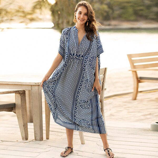 

Notched Neck Tribal Print Kaftan, Navy blue