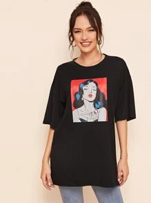 SHEIN T-shirt Angka Hitam Casual - Hitam - View 1