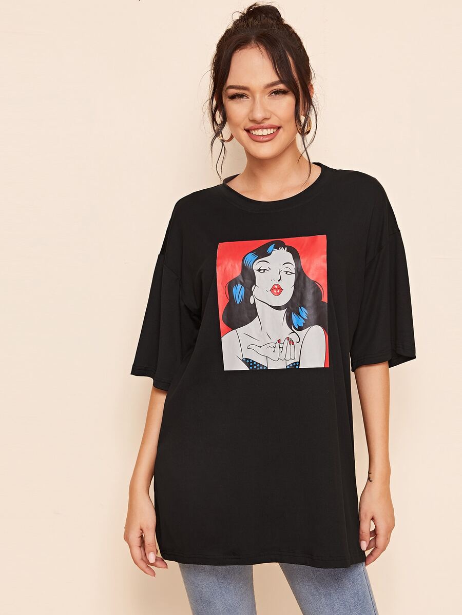 SHEIN T-shirt Angka Hitam Casual - Hitam - View 1