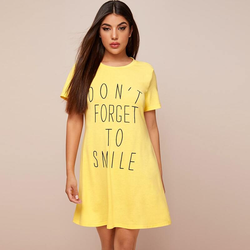 

Slogan Graphic Short Sleeve Lounge Dress, Yellow