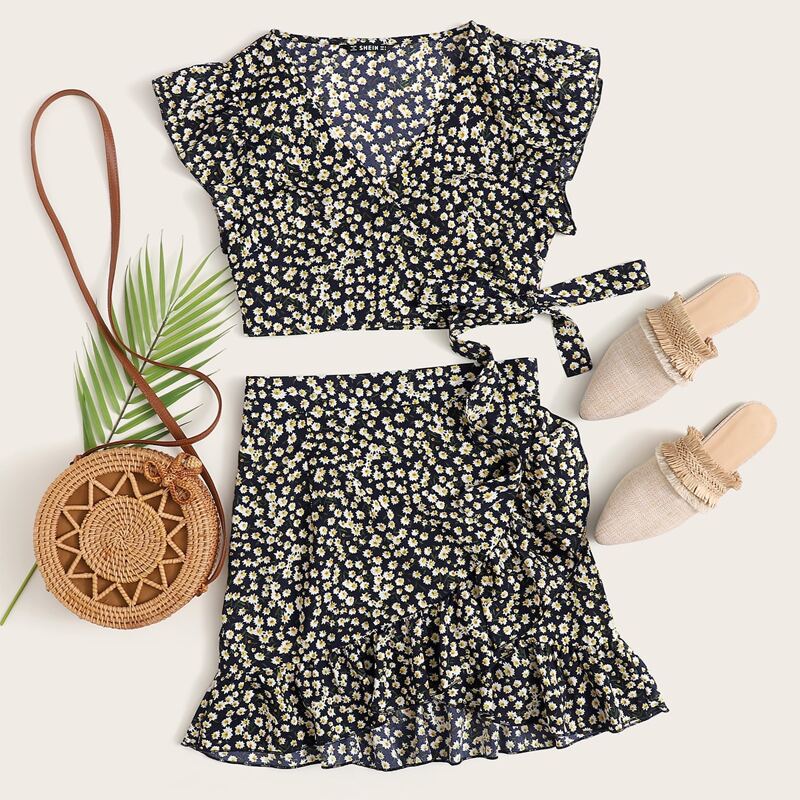 

Ditsy Floral Print Ruffle Armhole Wrap Top and Skirt Set, Multicolor