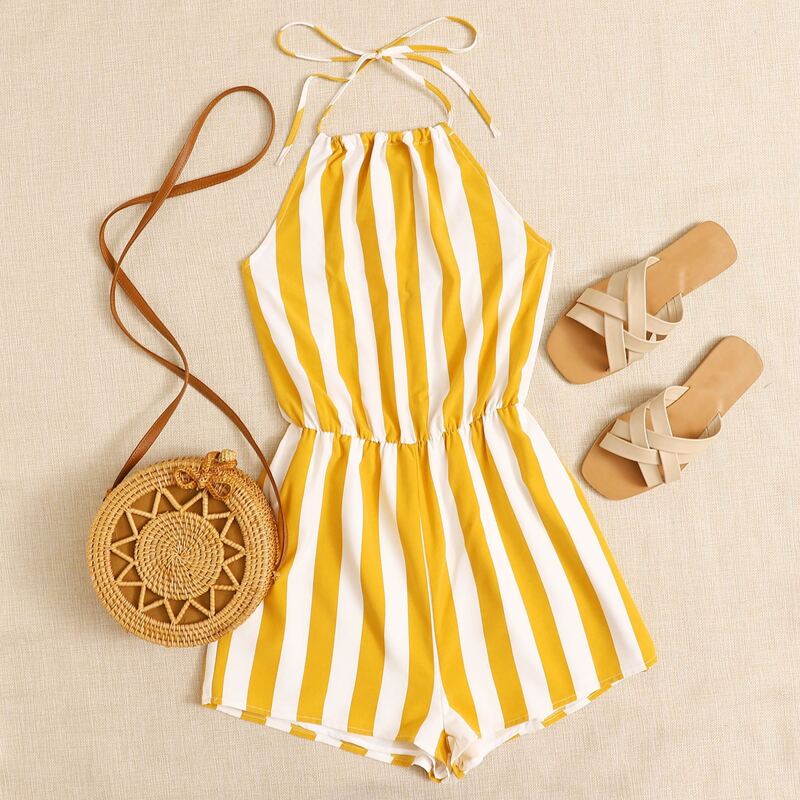 

Self Tie Halterneck Striped Romper, Yellow