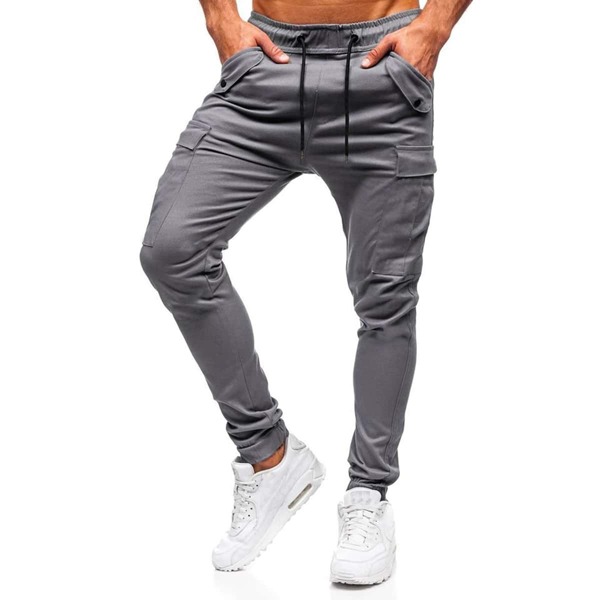 

Men Flap Pockets Drawstring Cargo Pants, Grey