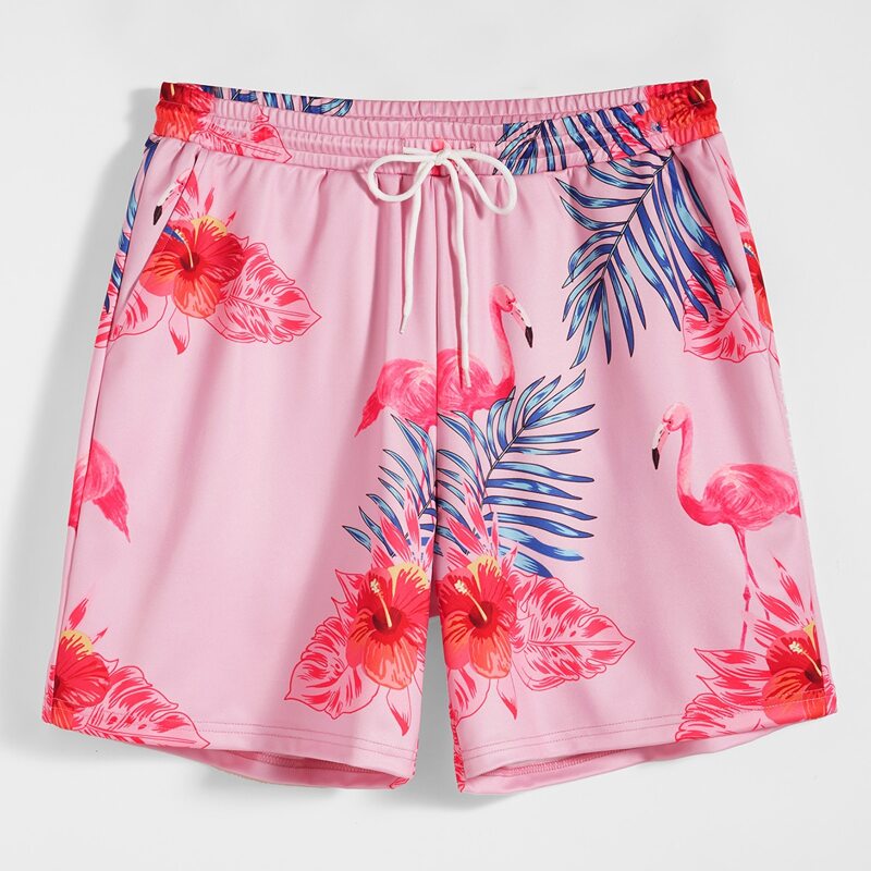 

Guys Drawstring Waist Tropical Print Shorts, Pink