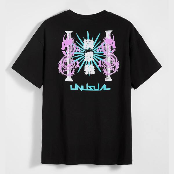 

Men Dragon and Letter Graphic Top, Black