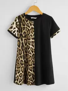 SHEIN Girls Leopard Panel Dress - Multicolor - View 1