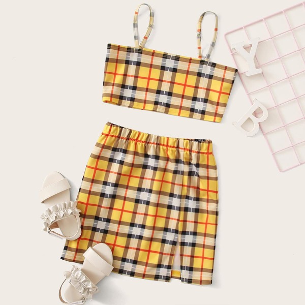 

Girls Tartan Cami Top and Split Hem Skirt Set, Yellow
