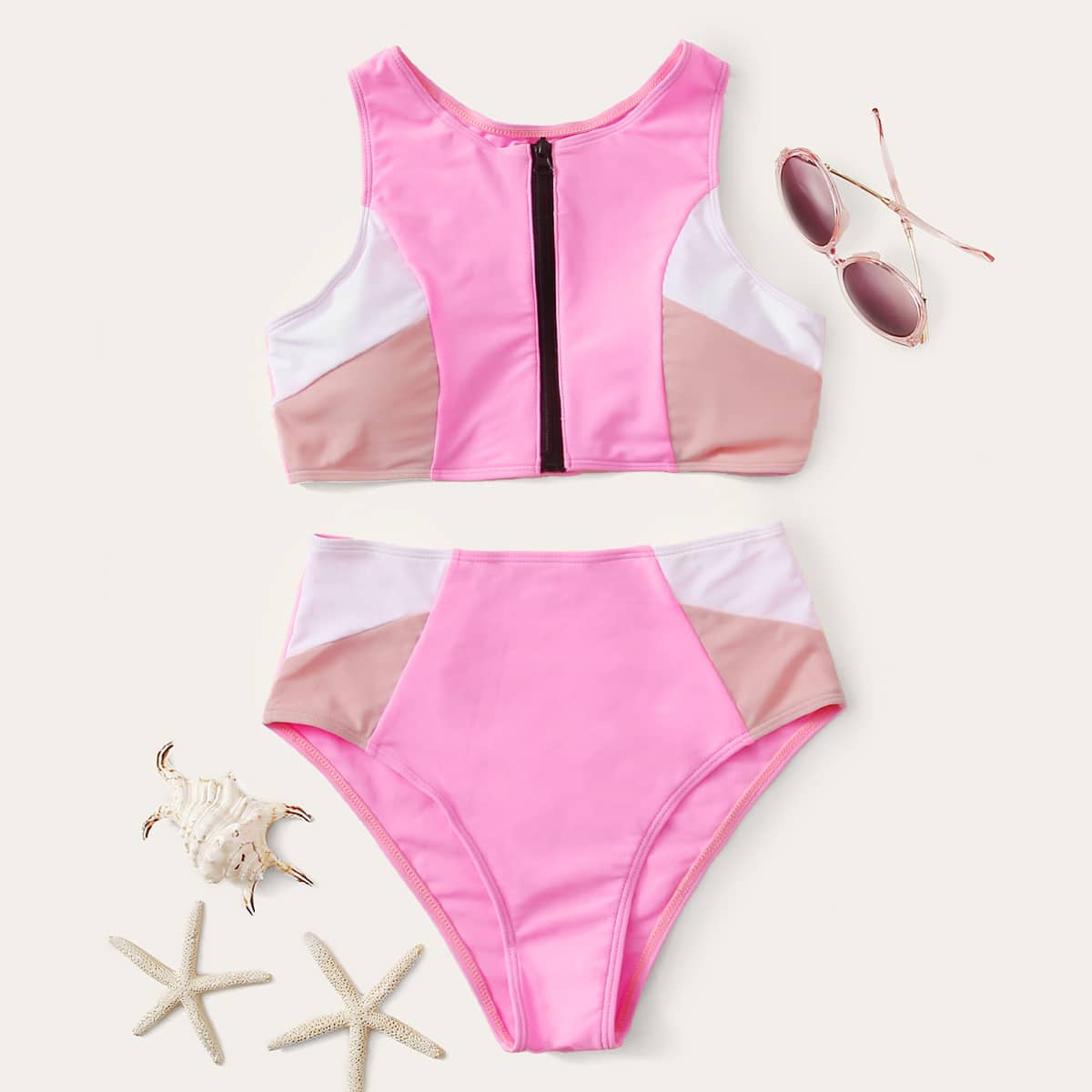 

Colorblock Zip Front High Waisted Bikini Swimsuit, Multicolor