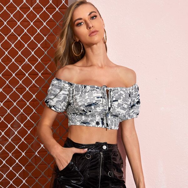 

Tie Front Ruched Bust Shirred Hem Newspaper Print Bardot Top, Black and white