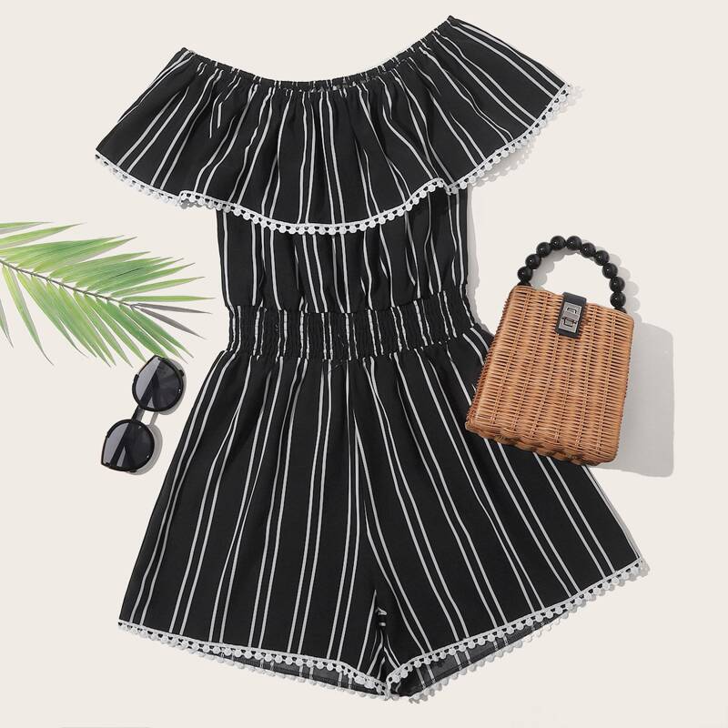 

Striped Off Shoulder Romper, Black