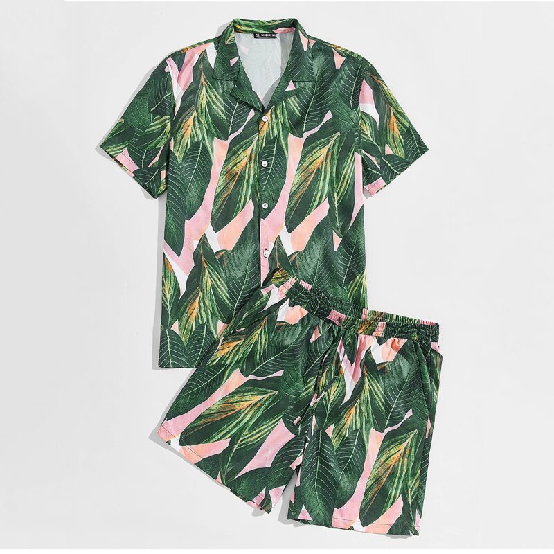 

Guys Notched Collar Tropical Print Shirt & Shorts Set, Green