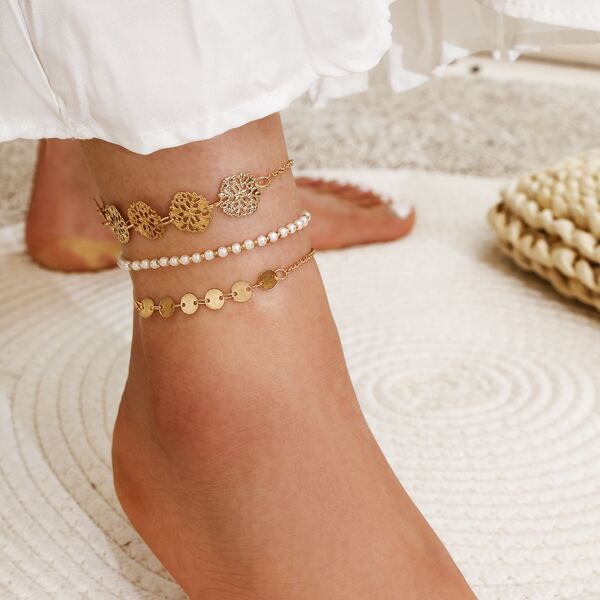

3pcs Disc Link Anklet, Gold