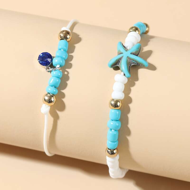 

2pcs Starfish Beaded Anklet, Multicolor