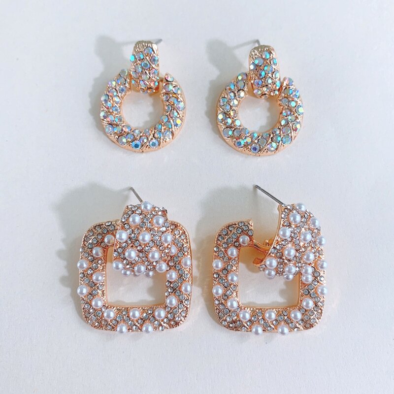 

2pairs Rhinestone Metal Earrings, Gold