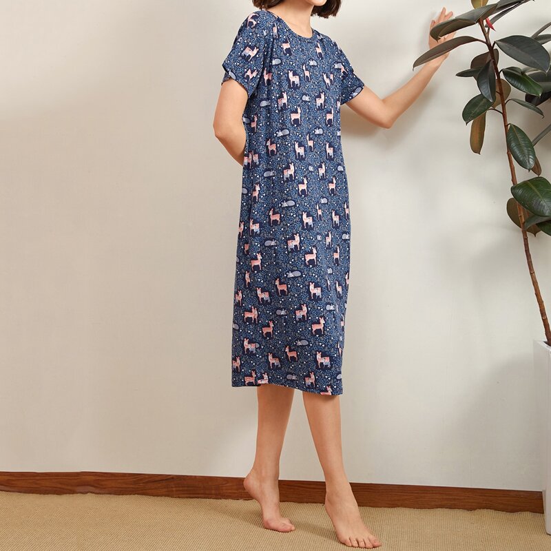 

Plants & Cartoon Deer Print Night Dress, Navy blue