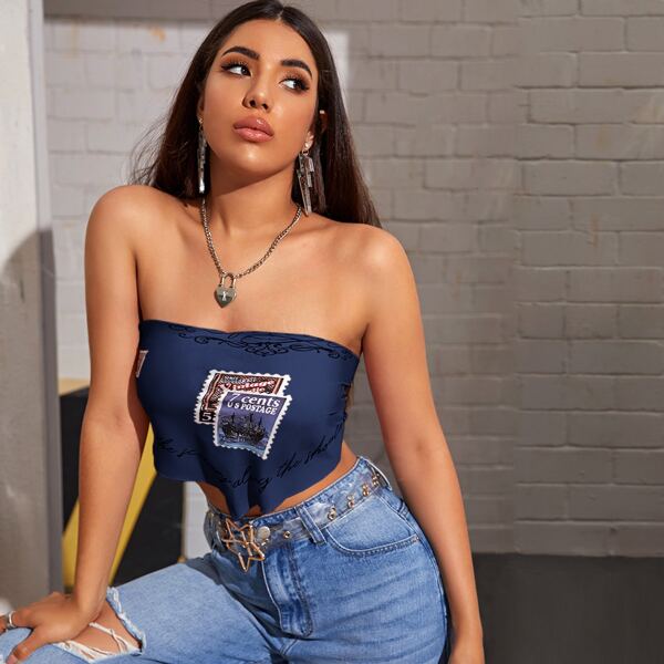 

Postage & Slogan Graphic Bandana Tube Top, Navy blue