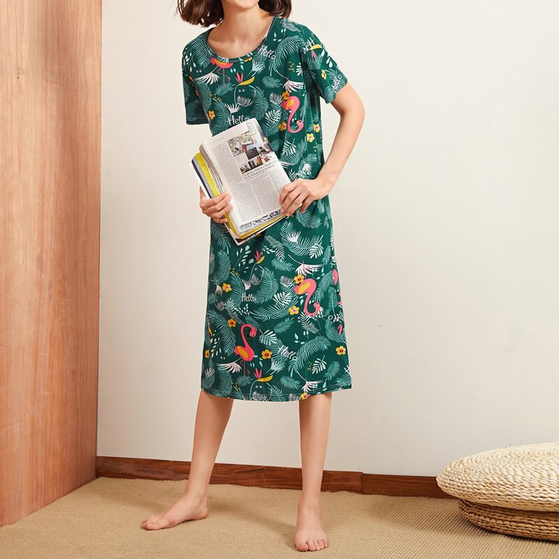 

Tropical & Flamingo Print Night Dress, Green