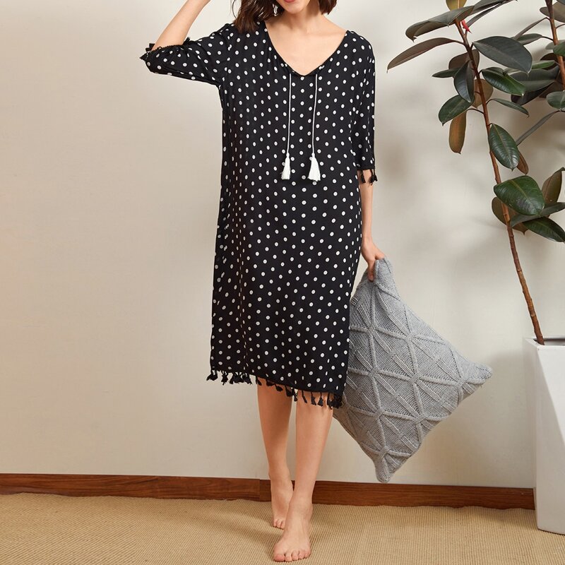 

Polka Dot Tie Neck Tassel Trim Night Dress, Black