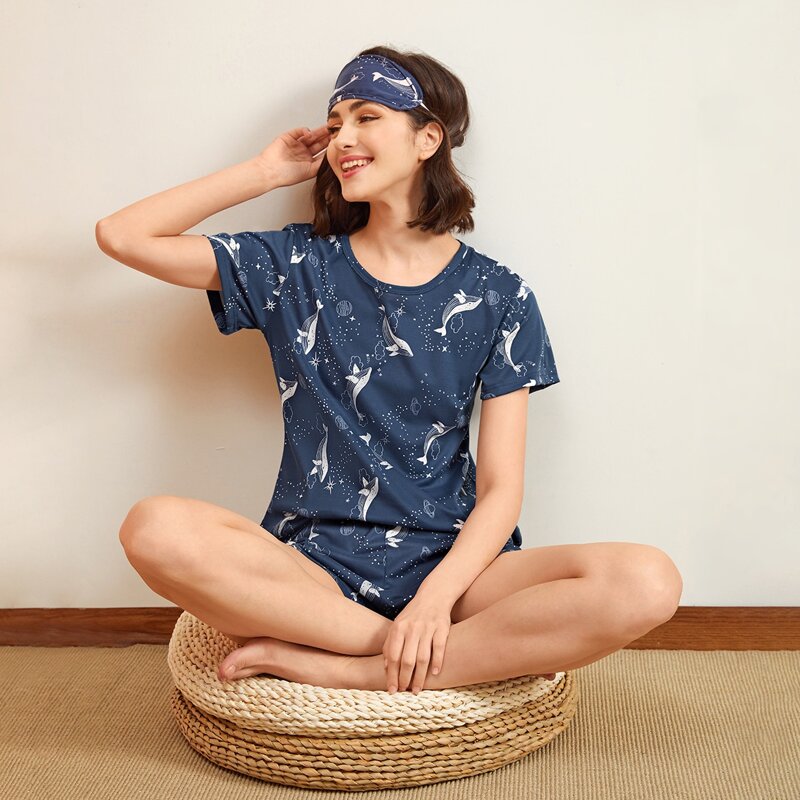

Cartoon Dolphin Print PJ Set With Eye Cover, Navy