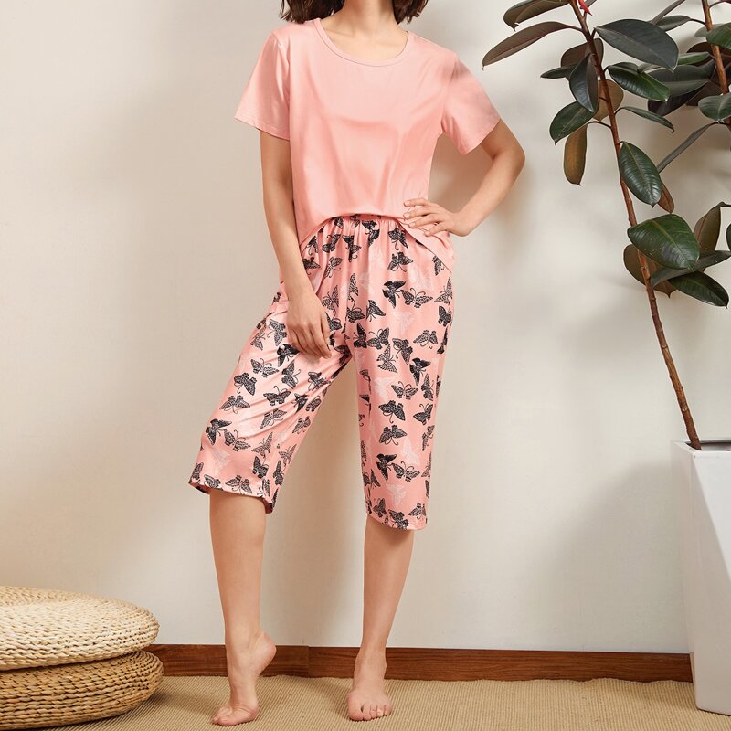 

Butterfly Print Tee With Pants PJ Set, Pink