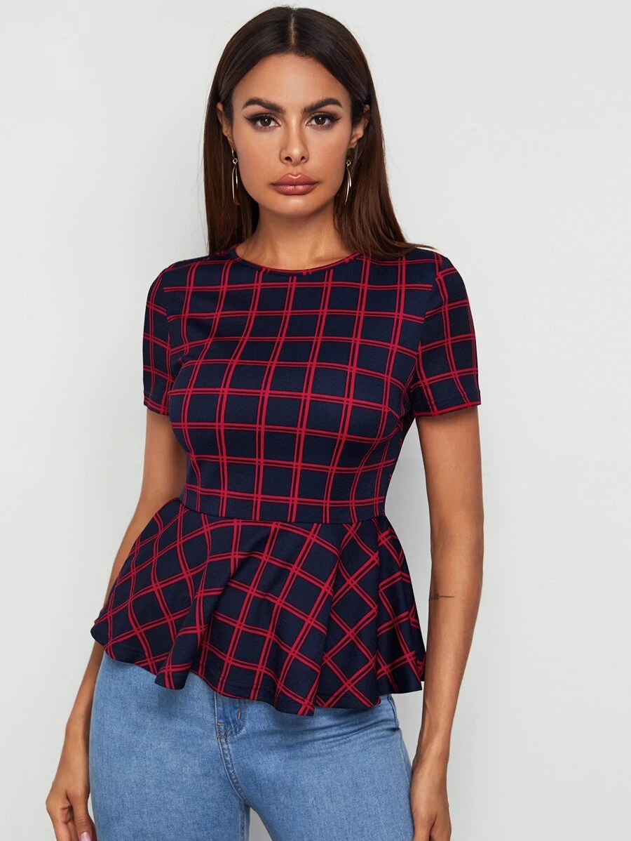 SHEIN Clasi Plaid Peplum Top - Multicolor - View 1
