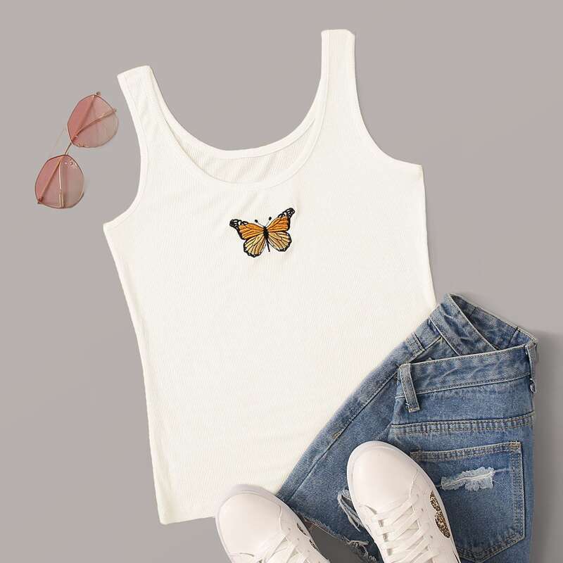 

Butterfly Embroidery Tank Top, White