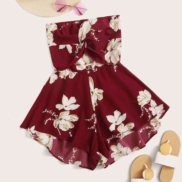 

Plus Floral Print Twist Front Tie Back Tube Romper, Burgundy