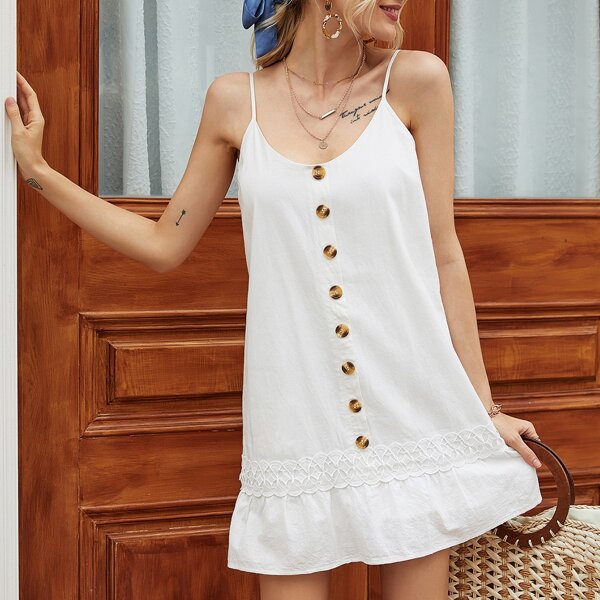 

Button Front Contrast Lace Cami Dress, White
