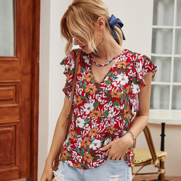 

Ditsy Floral Keyhole Neck Butterfly Sleeve Blouse, Multicolor