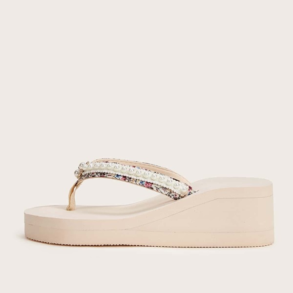 

Toe Post Faux Pearl Decor Wedge Mules, Multicolor