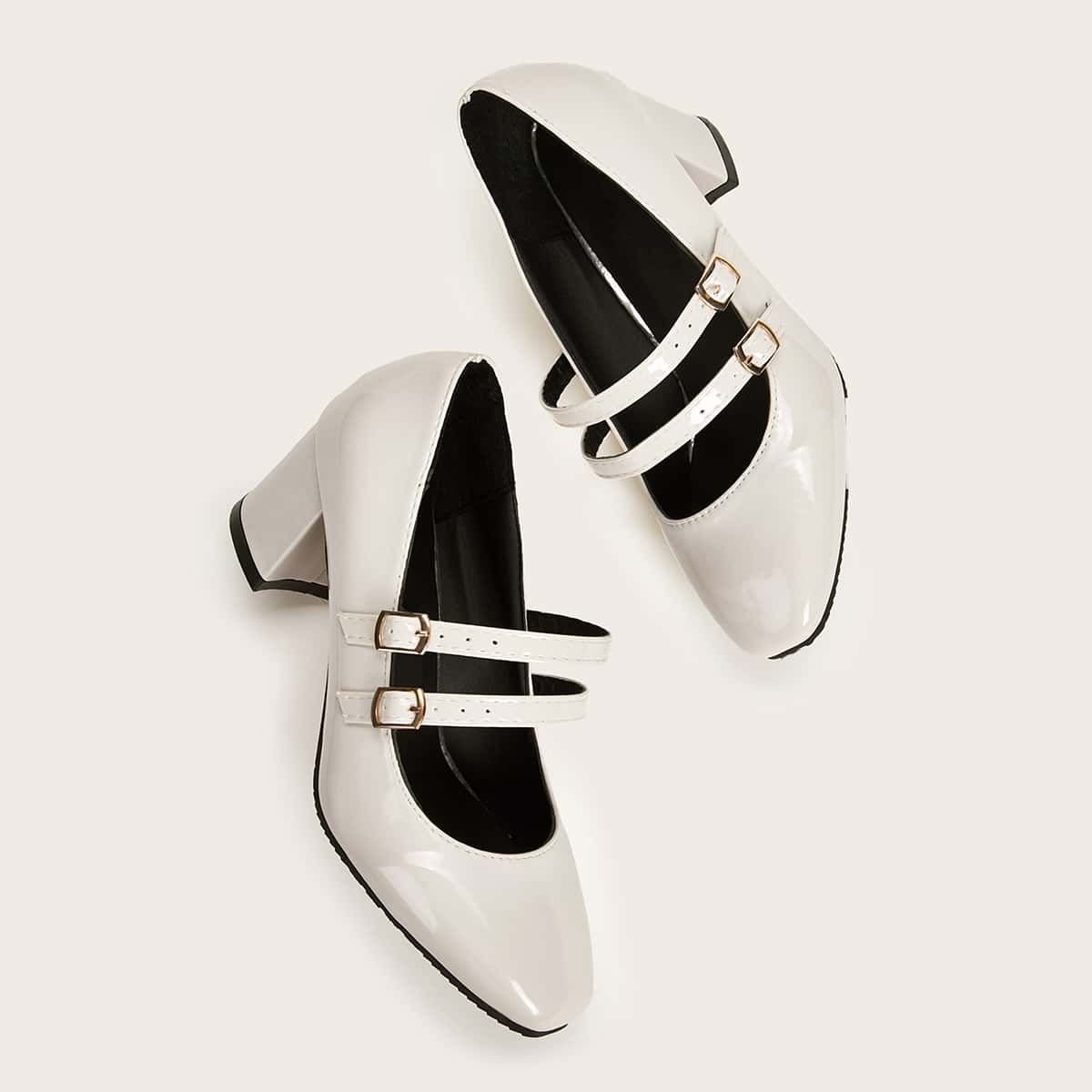 

Double Buckle Strap Chunky Heeled Pumps, White