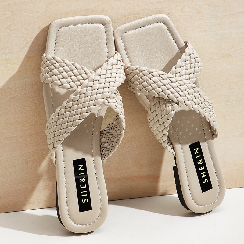 

Braided Cross Strap Sliders, Beige