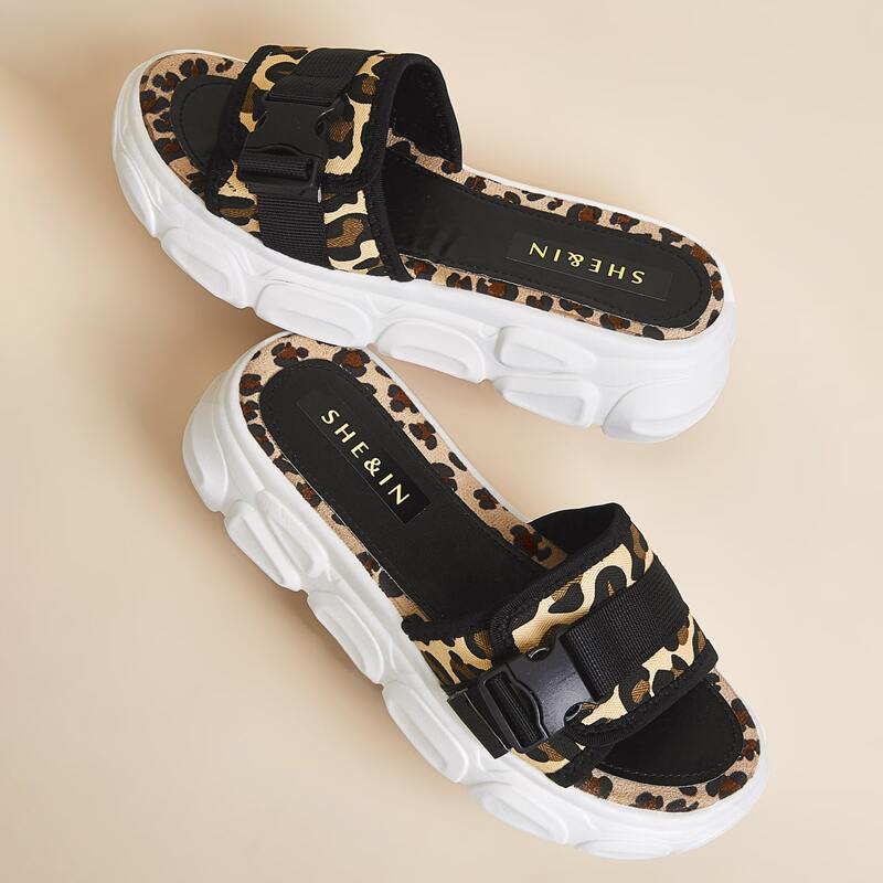 

Release Buckle Decor Leopard Sliders, Brown