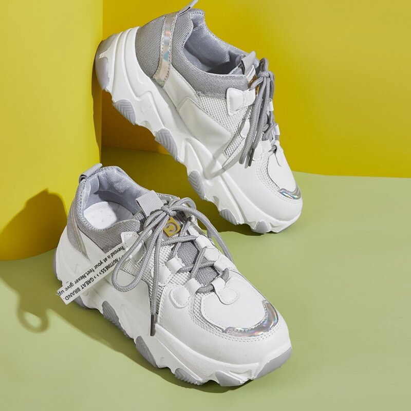 Lace-up Front Mesh Panel Sneakers, White