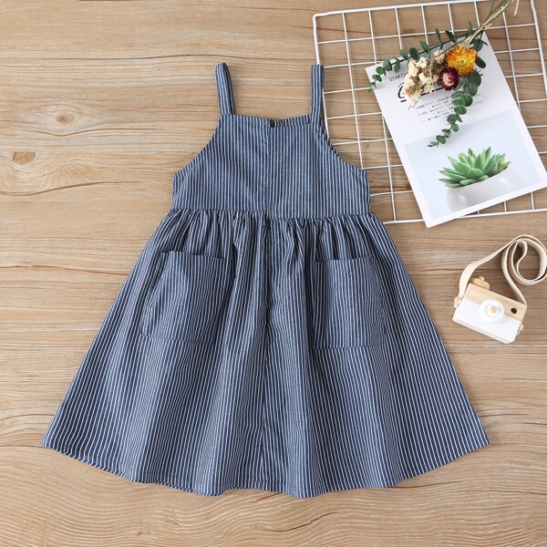 

Toddler Girls Striped Dual Pockets Cami Denim Dress, Navy blue