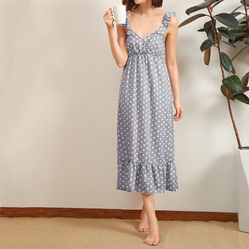 

Polka Dot Ruffle Cuff Night Dress, Grey