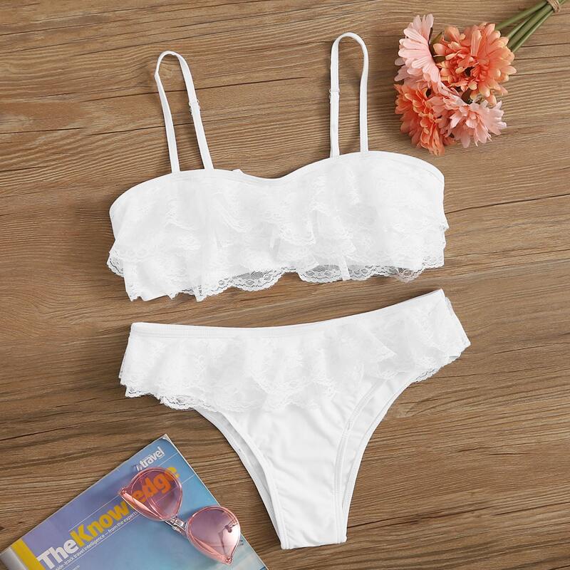 

Contrast Lace Knot Back Bikini Swimsuit, White