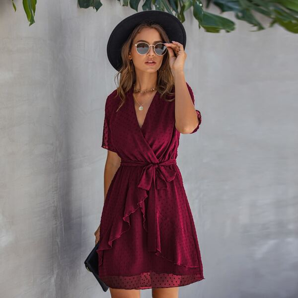 

Swiss Dot Ruffle Trim Belted Dress, Burgundy
