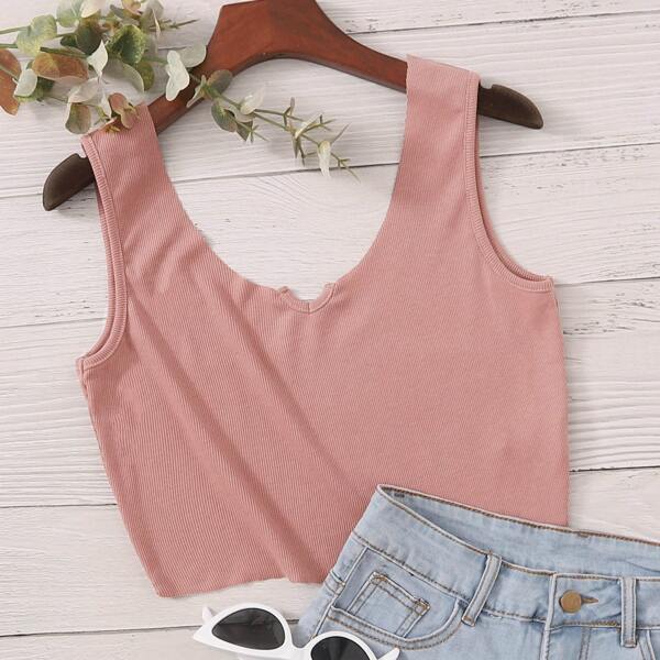 

Notched Neck Rib-knit Tank Top, Pink
