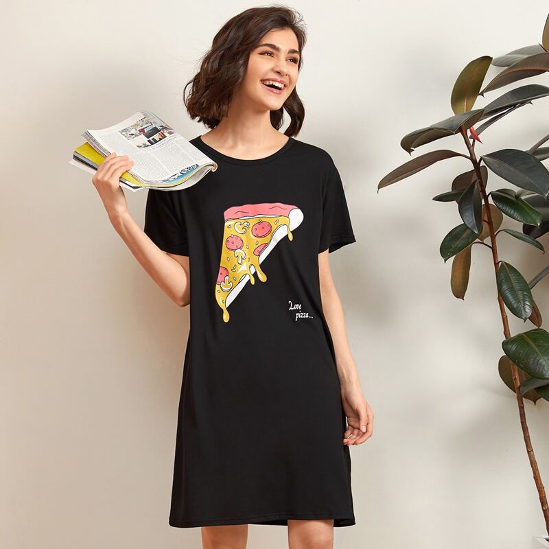 

Cartoon Pizza & Slogan Graphic Night Dress, Black