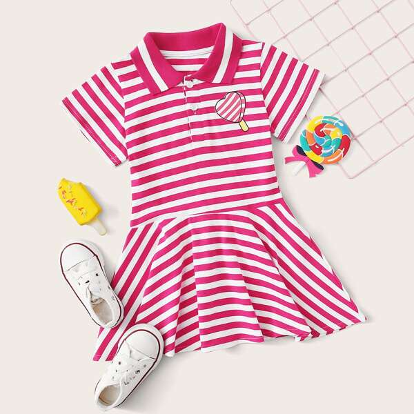 

Toddler Girls Striped Polo Neck Ruffle Hem Smock Dress, Pink
